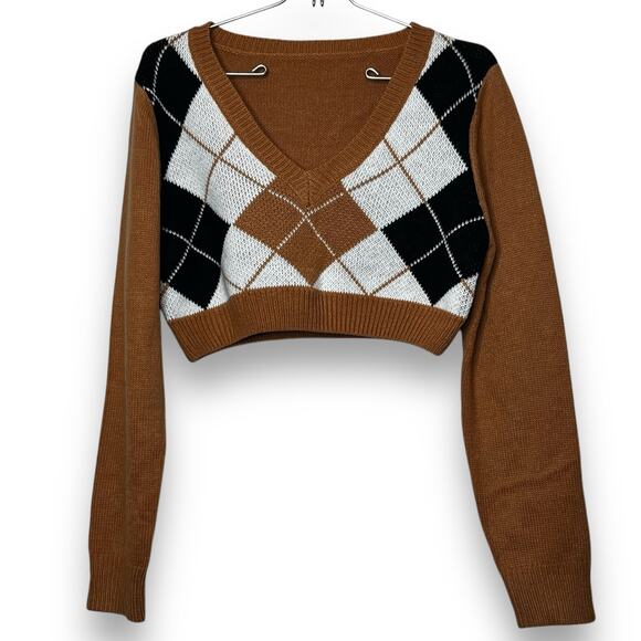 SHEIN Sweaters - Shein Argyle Sweater Size Medium Preppy Tan Cropped Long Sleeve V Neck